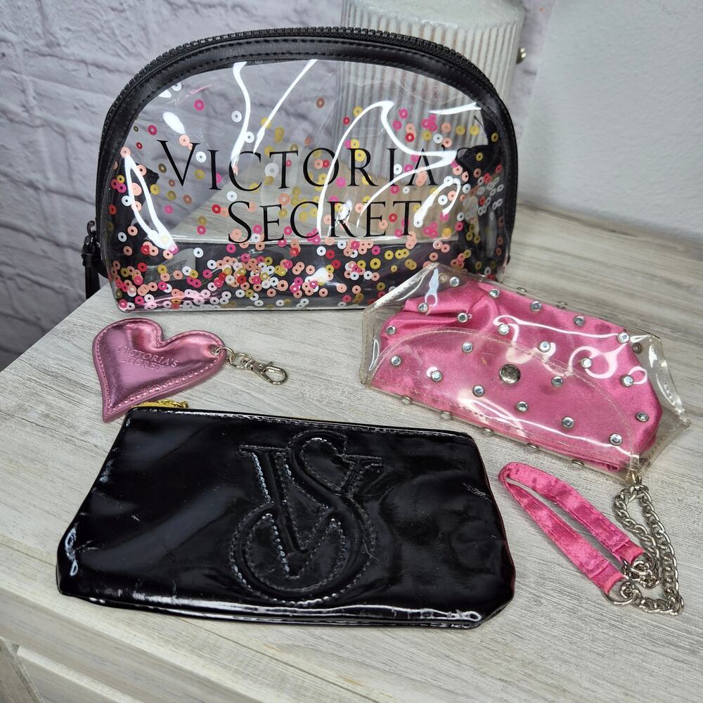 Victoria's Secret Cosmetic Bag Set Y2K Clear Pink Sequin Monogram Wristlet Pouch